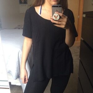 Washed Black Lightweight Knit Layering Top With Side Slits